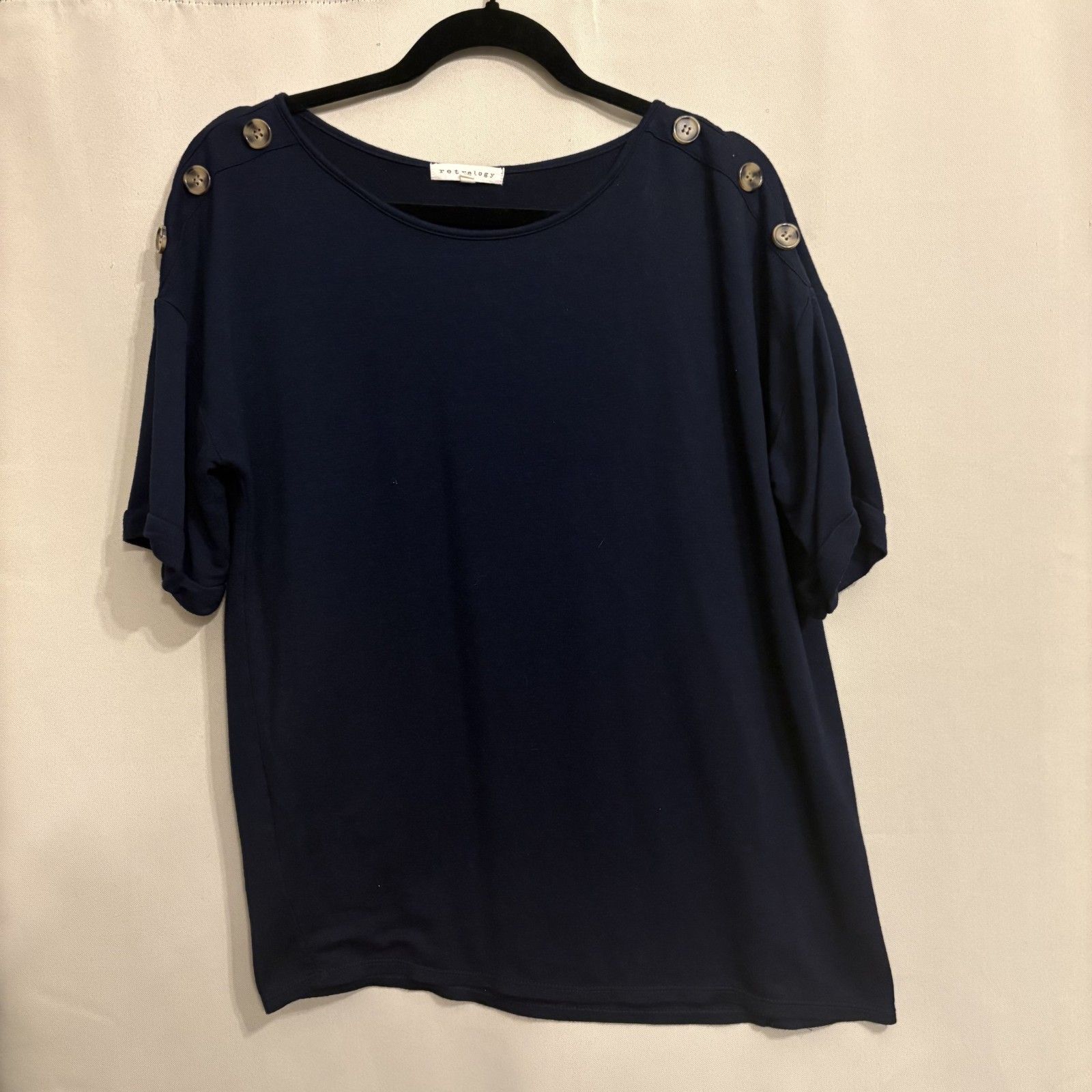 Retrology Women's Navy Blue Button Shoulder Top Short Sleeve Blouse Size L